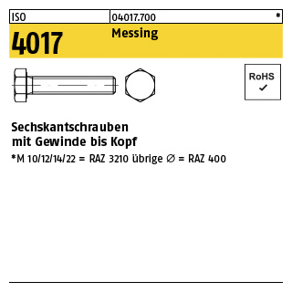 100 Stück, ISO 4017 Messing Sechskantschrauben mit Gewinde bis Kopf - Abmessung: M 4 x 6