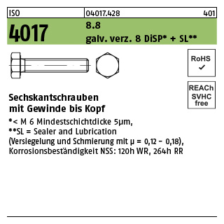 500 Stück, ISO 4017 8.8 galv. verz. 8 DiSP + SL Sechskantschrauben mit Gewinde bis Kopf - Abmessung: M 4 x 12