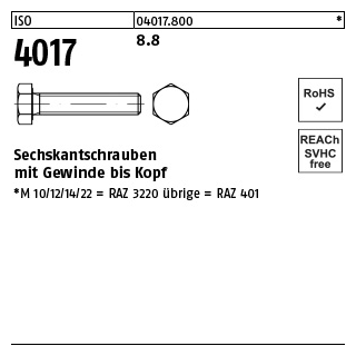 100 Stück, ISO 4017 8.8 Sechskantschrauben mit Gewinde bis Kopf - Abmessung: M 4 x 55