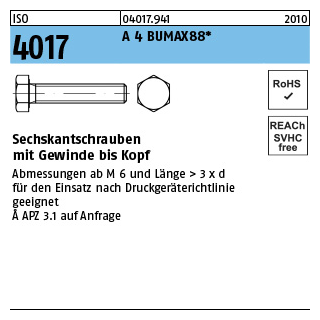 100 Stück, ISO 4017 A 4 BUMAX88 Sechskantschrauben mit Gewinde bis Kopf - Abmessung: M 5 x 10