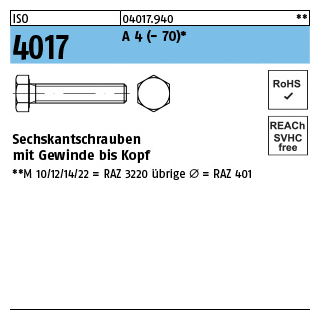 200 Stück, ISO 4017 A 4 - 70 Sechskantschrauben mit Gewinde bis Kopf - Abmessung: M 5 x 22