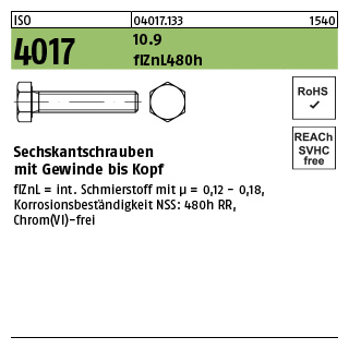 500 Stück, ISO 4017 10.9 flZnL 480h (zinklamellenbesch.) Sechskantschrauben mit Gewinde bis Kopf - Abmessung: M 6 x 10