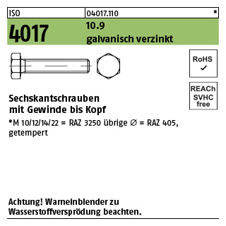 500 Stück, ISO 4017 10.9 galvanisch verzinkt Sechskantschrauben mit Gewinde bis Kopf - Abmessung: M 6 x 12