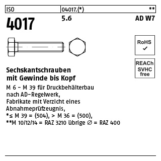 500 Stück, ISO 4017 5.6 AD W7 Sechskantschrauben mit Gewinde bis Kopf - Abmessung: M 6 x 12