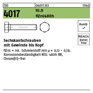 500 Stück, ISO 4017 10.9 flZnL 480h (zinklamellenbesch.) Sechskantschrauben mit Gewinde bis Kopf - Abmessung: M 6 x 16