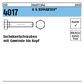 100 Stück, ISO 4017 A 4 BUMAX109 Sechskantschrauben mit Gewinde bis Kopf - Abmessung: M 6 x 16