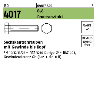 500 Stück, ISO 4017 8.8 feuerverzinkt Sechskantschrauben mit Gewinde bis Kopf - Abmessung: M 6 x 20