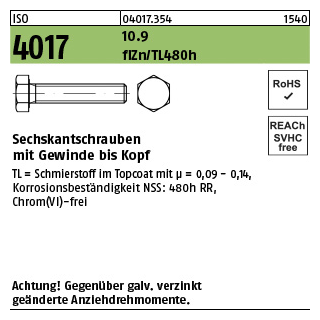 500 Stück, ISO 4017 10.9 flZn/TL 480h (zinklamellenbesch.) Sechskantschrauben mit Gewinde bis Kopf - Abmessung: M 6 x 30