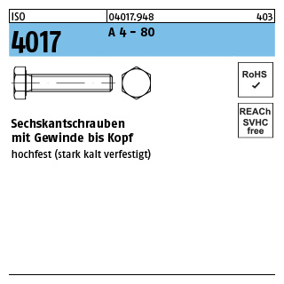 100 Stück, ISO 4017 A 4 - 80 Sechskantschrauben mit Gewinde bis Kopf - Abmessung: M 6 x 30