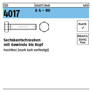 100 Stück, ISO 4017 A 4 - 80 Sechskantschrauben mit Gewinde bis Kopf - Abmessung: M 6 x 45
