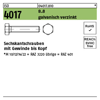 200 Stück, ISO 4017 8.8 galvanisch verzinkt Sechskantschrauben mit Gewinde bis Kopf - Abmessung: M 8 x 8