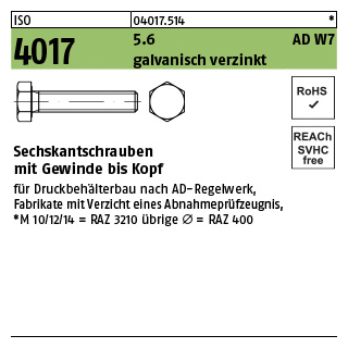 200 Stück, ISO 4017 5.6 AD W7 galvanisch verzinkt Sechskantschrauben mit Gewinde bis Kopf - Abmessung: M 8 x 16