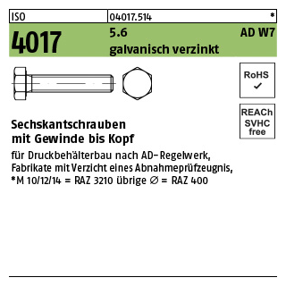 200 Stück, ISO 4017 5.6 AD W7 galvanisch verzinkt Sechskantschrauben mit Gewinde bis Kopf - Abmessung: M 8 x 20