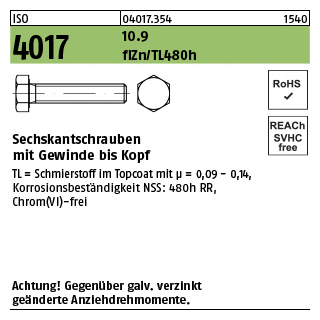 200 Stück, ISO 4017 10.9 flZn/TL 480h (zinklamellenbesch.) Sechskantschrauben mit Gewinde bis Kopf - Abmessung: M 8 x 35