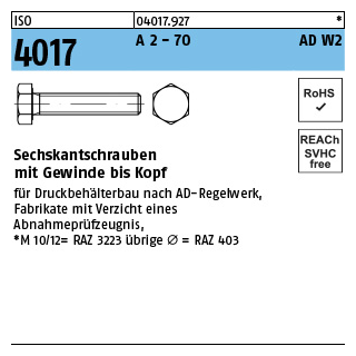 100 Stück, ISO 4017 A 2 - 70 AD W2 Sechskantschrauben mit Gewinde bis Kopf - Abmessung: M 10 x 20