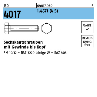 1 Stück, ISO 4017 1.4571 (A 5) Sechskantschrauben mit Gewinde bis Kopf - Abmessung: M 10 x 30