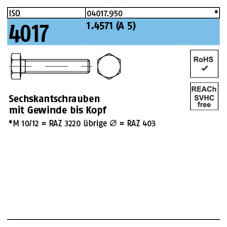 1 Stück, ISO 4017 1.4571 (A 5) Sechskantschrauben mit Gewinde bis Kopf - Abmessung: M 10 x 45