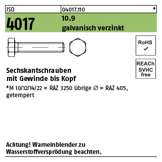 100 Stück, ISO 4017 10.9 galvanisch verzinkt Sechskantschrauben mit Gewinde bis Kopf - Abmessung: M 10 x 55