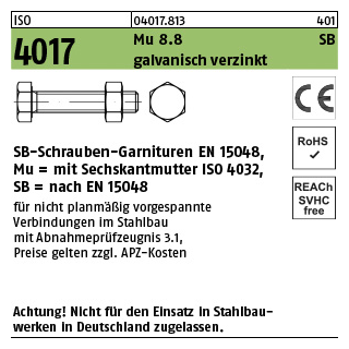 100 Stück, ISO 4017 Mu 8.8 SB galvanisch verzinkt SB-Schrauben-Garnituren EN 15048, mit Sechskantmutter ISO 4032 - Abmessung: M 10 x 90