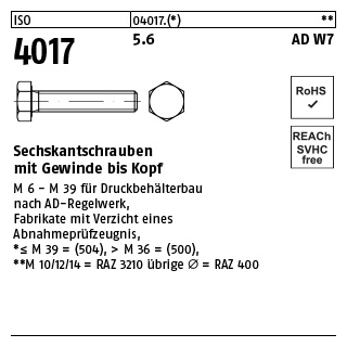 100 Stück, ISO 4017 5.6 AD W7 Sechskantschrauben mit Gewinde bis Kopf - Abmessung: M 12 x 25