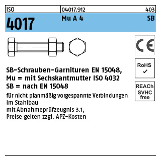 50 Stück, ISO 4017 Mu A 4 SB SB-Schrauben-Garnituren EN 15048, mit Sechskantmutter ISO 4032 - Abmessung: M 12 x 30