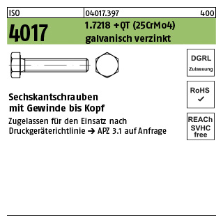 100 Stück, ISO 4017 1.7218 +QT (25CrMo4) galvanisch verzinkt Sechskantschrauben mit Gewinde bis Kopf - Abmessung: M 12 x 55