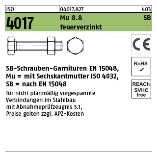 50 Stück, ISO 4017 Mu 8.8 SB feuerverzinkt SB-Schrauben-Garnituren EN 15048, mit Sechskantmutter ISO 4032 - Abmessung: M 12 x 70