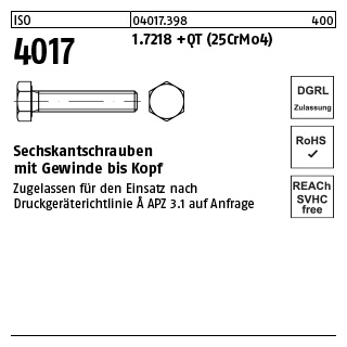 50 Stück, ISO 4017 1.7218 +QT (25CrMo4) Sechskantschrauben mit Gewinde bis Kopf - Abmessung: M 12 x 120