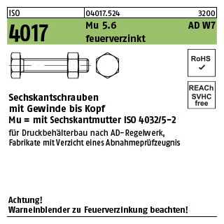 50 Stück, ISO 4017 Mu 5.6 AD W7 feuerverzinkt Sechskantschrauben mit Gewinde bis Kopf mit Sechskantmutter ISO 4032/5-2 - Abmessung: M 16 x 45