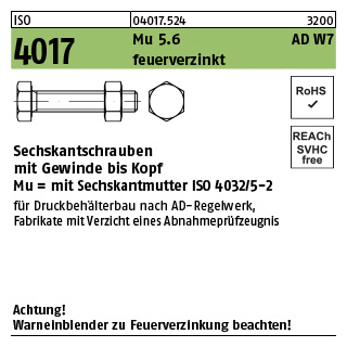 50 Stück, ISO 4017 Mu 5.6 AD W7 feuerverzinkt Sechskantschrauben mit Gewinde bis Kopf mit Sechskantmutter ISO 4032/5-2 - Abmessung: M 16 x 50