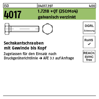 25 Stück, ISO 4017 1.7218 +QT (25CrMo4) galvanisch verzinkt Sechskantschrauben mit Gewinde bis Kopf - Abmessung: M 16 x 70