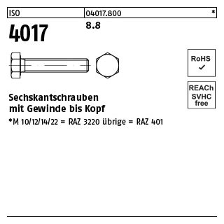 25 Stück, ISO 4017 8.8 Sechskantschrauben mit Gewinde bis Kopf - Abmessung: M 16 x 180