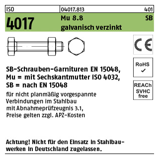 25 Stück, ISO 4017 Mu 8.8 SB galvanisch verzinkt SB-Schrauben-Garnituren EN 15048, mit Sechskantmutter ISO 4032 - Abmessung: M 20 x 80