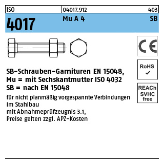 10 Stück, ISO 4017 Mu A 4 SB SB-Schrauben-Garnituren EN 15048, mit Sechskantmutter ISO 4032 - Abmessung: M 24 x 55