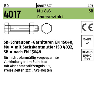 10 Stück, ISO 4017 Mu 8.8 SB feuerverzinkt SB-Schrauben-Garnituren EN 15048, mit Sechskantmutter ISO 4032 - Abmessung: M 24 x 110