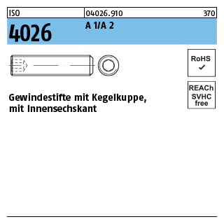 500 Stück, ISO 4026 A 2 Gewindestifte mit Kegelkuppe und Innensechskant - Abmessung: M 2 x 2