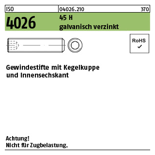 500 Stück, ISO 4026 45 H galvanisch verzinkt Gewindestifte mit Kegelkuppe und Innensechskant - Abmessung: M 2 x 4