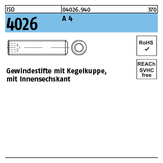 500 Stück, ISO 4026 A 4 Gewindestifte mit Kegelkuppe und Innensechskant - Abmessung: M 3 x 4