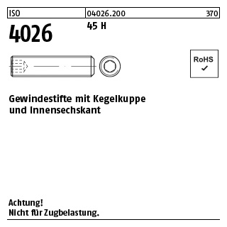 1000 Stück, ISO 4026 45 H Gewindestifte mit Kegelkuppe und Innensechskant - Abmessung: M 4 x 4