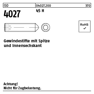 500 Stück, ISO 4027 45 H Gewindestifte mit Spitze und Innensechskant - Abmessung: M 2 x 2