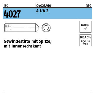 500 Stück, ISO 4027 A 1/A 2 Gewindestifte mit Spitze und Innensechskant - Abmessung: M 2 x 2