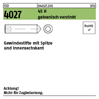 1000 Stück, ISO 4027 45 H galvanisch verzinkt Gewindestifte mit Spitze und Innensechskant - Abmessung: M 3 x 4