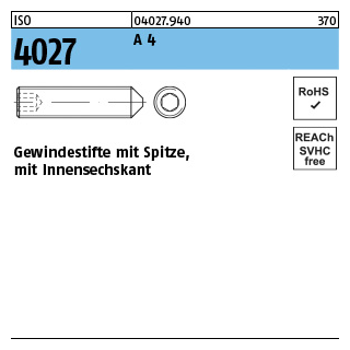 500 Stück, ISO 4027 A 4 Gewindestifte mit Spitze und Innensechskant - Abmessung: M 3 x 6