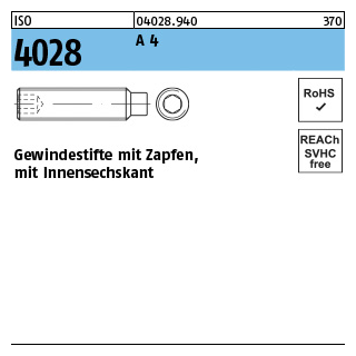 500 Stück, ISO 4028 A 4 Gewindestifte mit Zapfen und Innensechskant - Abmessung: M 4 x 6