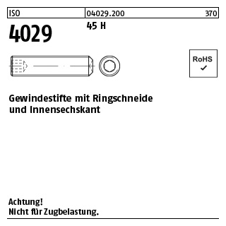 500 Stück, ISO 4029 45 H Gewindestifte mit Ringschneide und Innensechskant - Abmessung: M 2 x 6