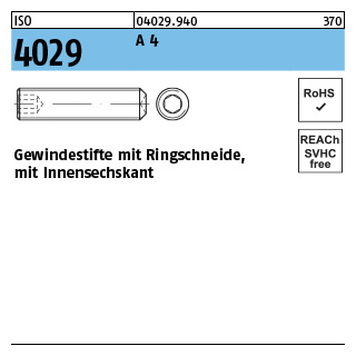 500 Stück, ISO 4029 A 4 Gewindestifte mit Ringschneide und Innensechskant - Abmessung: M 4 x 16