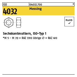 100 Stück, ISO 4032 Messing Sechskantmuttern, ISO-Typ 1 - Abmessung: M 1