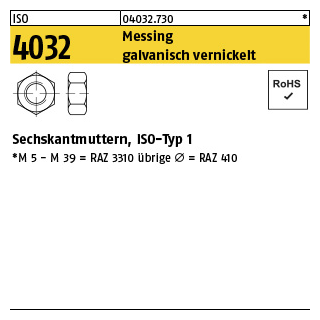 1000 Stück, ISO 4032 Messing galvanisch vernickelt Sechskantmuttern, ISO-Typ 1 - Abmessung: M 2