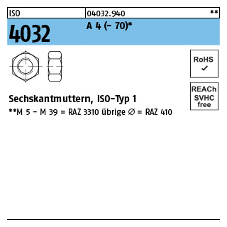 1000 Stück, ISO 4032 A 4 - 70 Sechskantmuttern, ISO-Typ 1 - Abmessung: M 2*