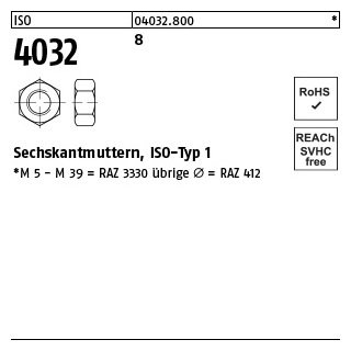 100 Stück, ISO 4032 8 Sechskantmuttern, ISO-Typ 1 - Abmessung: M 2,5